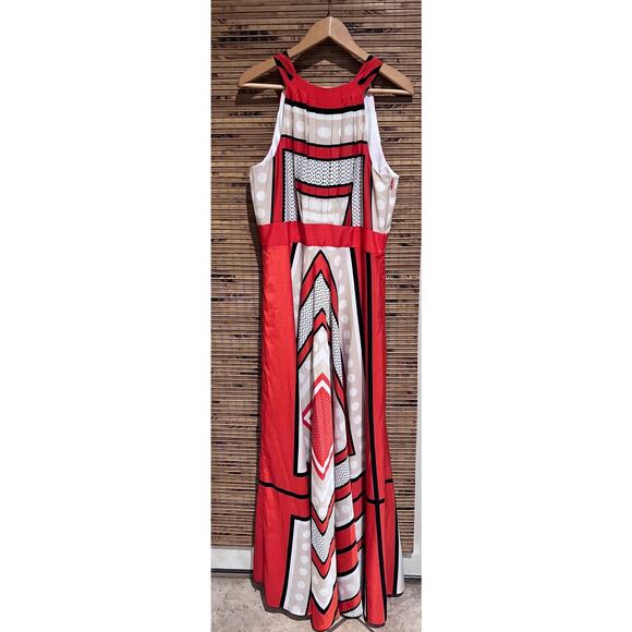 Eliza J Halter Maxi Dress Geometric Print Orange Beige Size 14 Wedding Resort - Picture 3 of 8